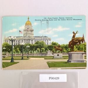 State Capitol Denver Colorado 1948 Linen Postcard Broncho Buster Indian Warrior